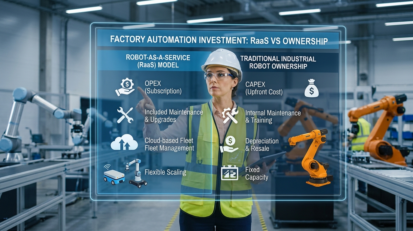 Manufacturing manager comparing Robot-as-a-Service and industrial robot ownership for factory automation investment