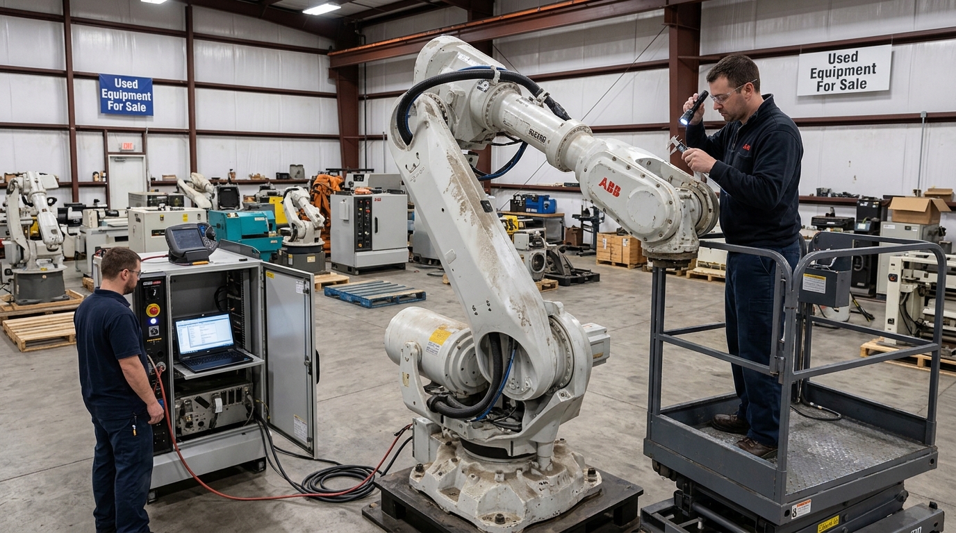 Used ABB IRB 6700 industrial robot undergoing mechanical and controller inspection before purchase