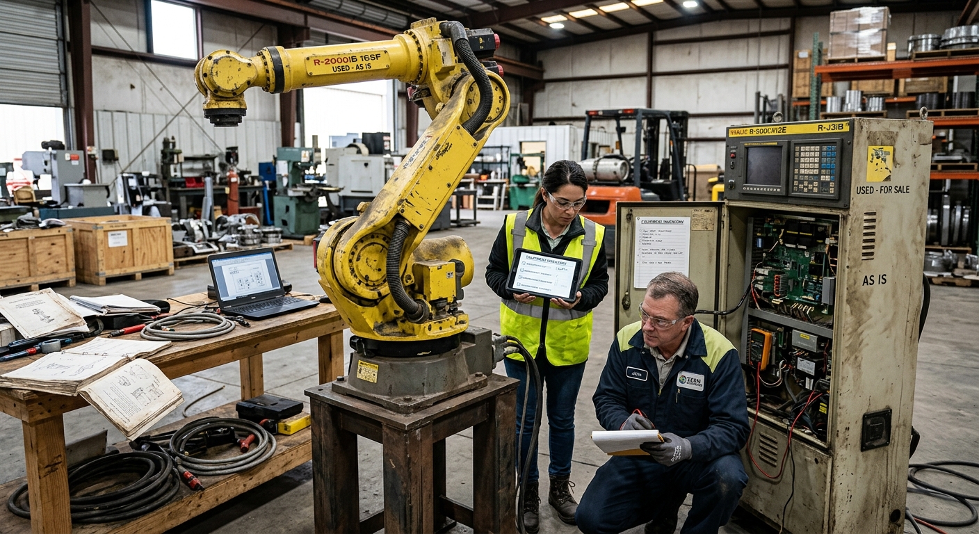 Used industrial robot and controller being inspected before purchase without complete technical documentation