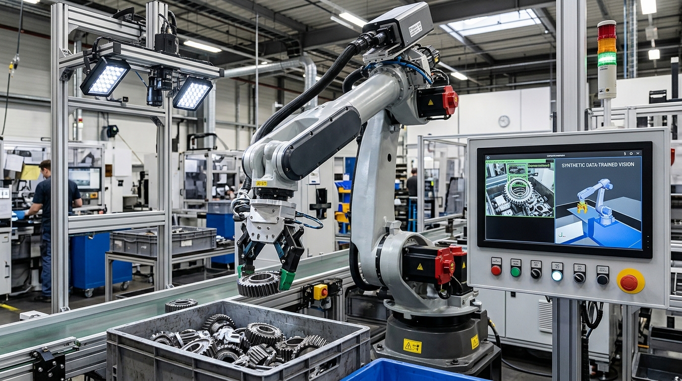 dustrial robotic arm using a vision system trained with synthetic images to identify and handle manufacturing components